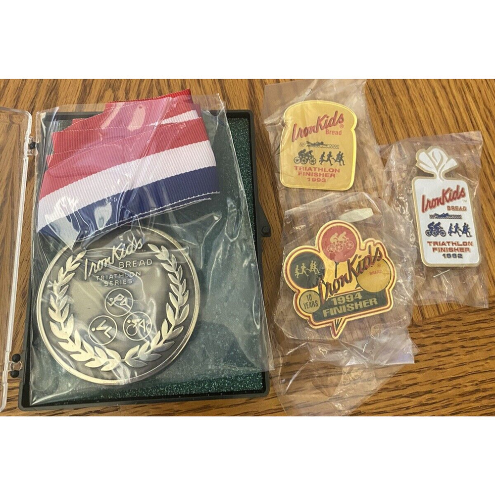 Vintage Iron Kids Bread Triathlon Series Medal & Pins NEW 90s Set Lot 4 Pieces